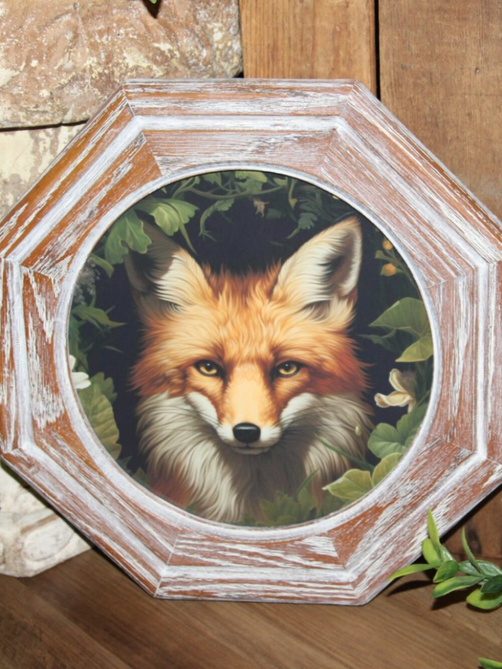 Rustic Woodland Fox Farmhouse Wall Decor Picture in VTG Octagon Frame